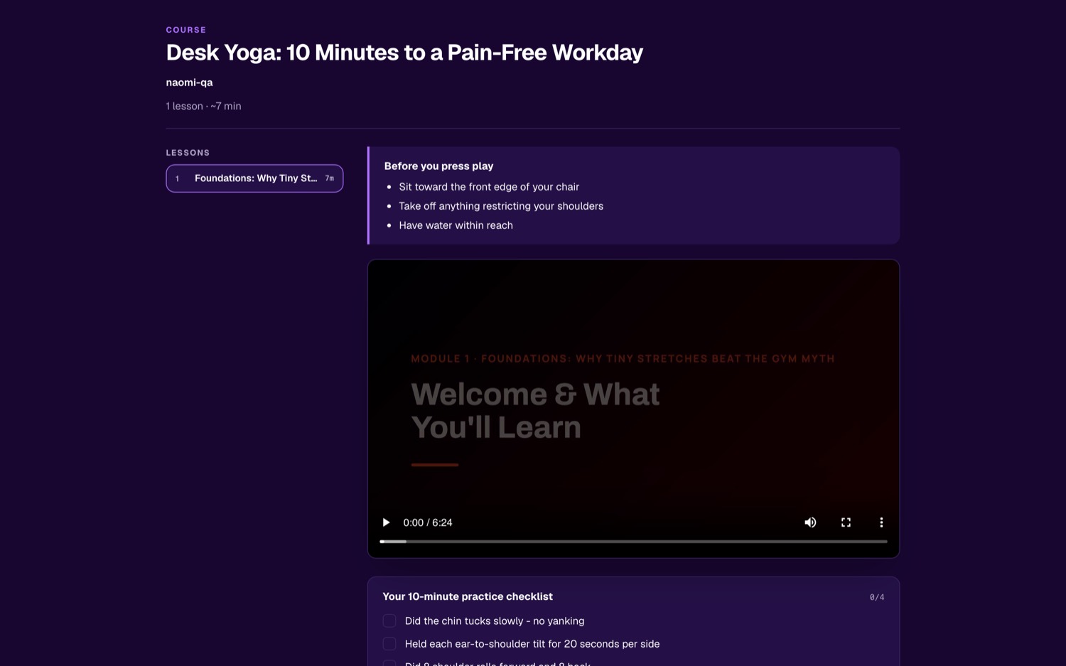 A finished Loquy course page with lesson list and video player