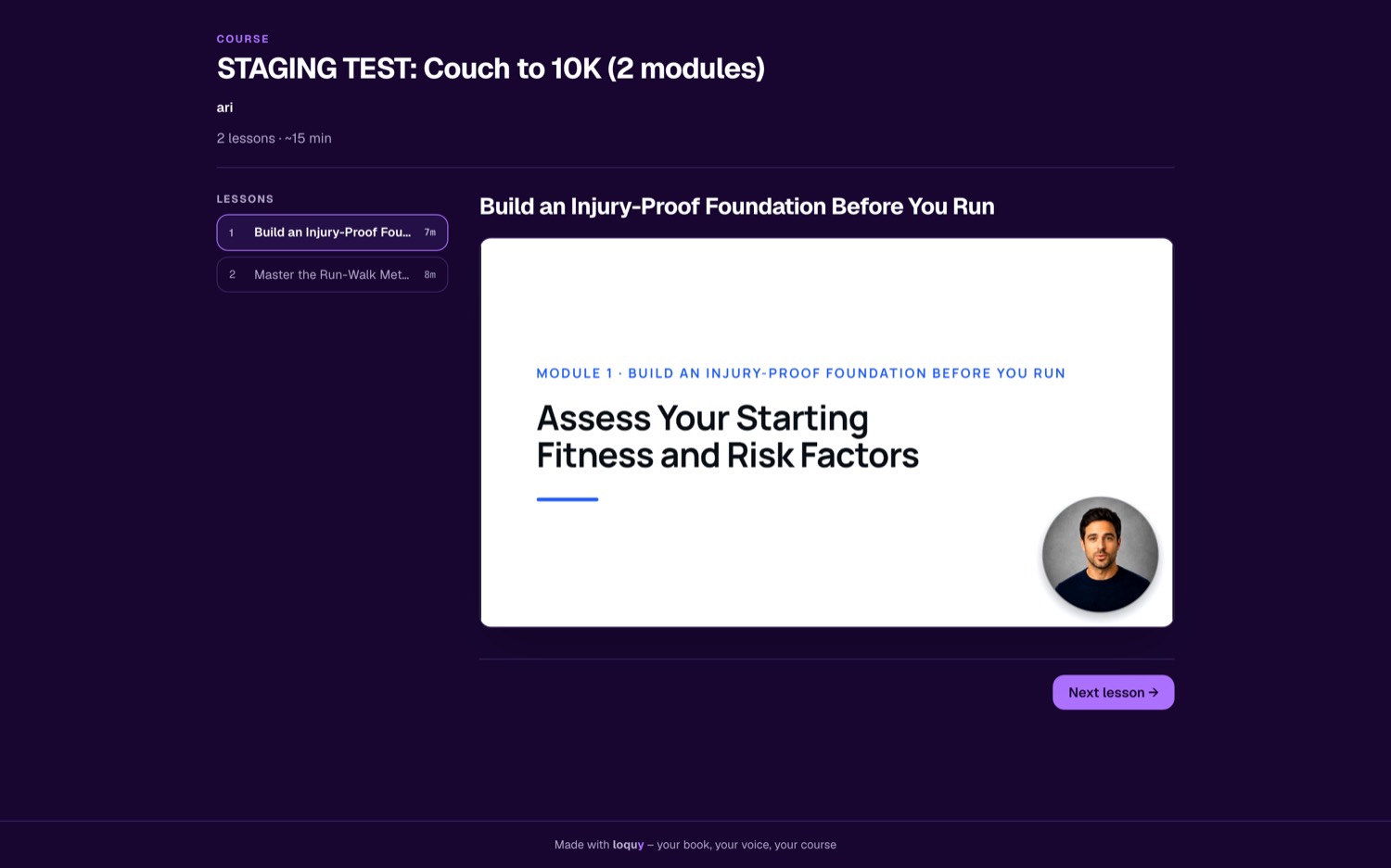 A rendered Loquy lesson with the presenter on screen